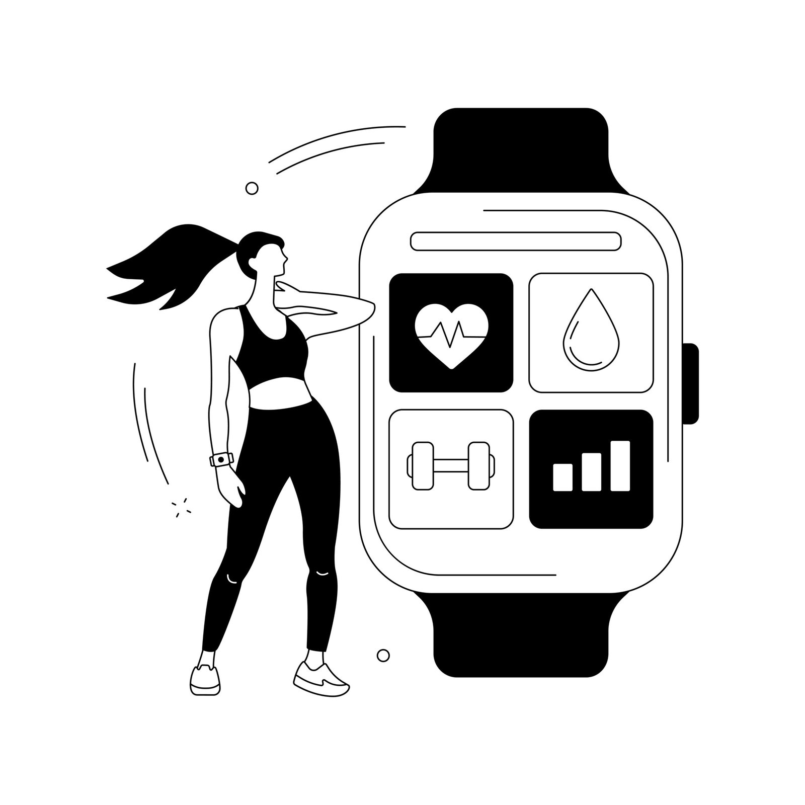 Illustration of a fitness enthusiast woman wearing workout attire, standing next to a large smart fitness tracker displaying heart rate, water intake, weightlifting, and activity tracking icons. This visual represents the features of the Vital Fit Track Watch."