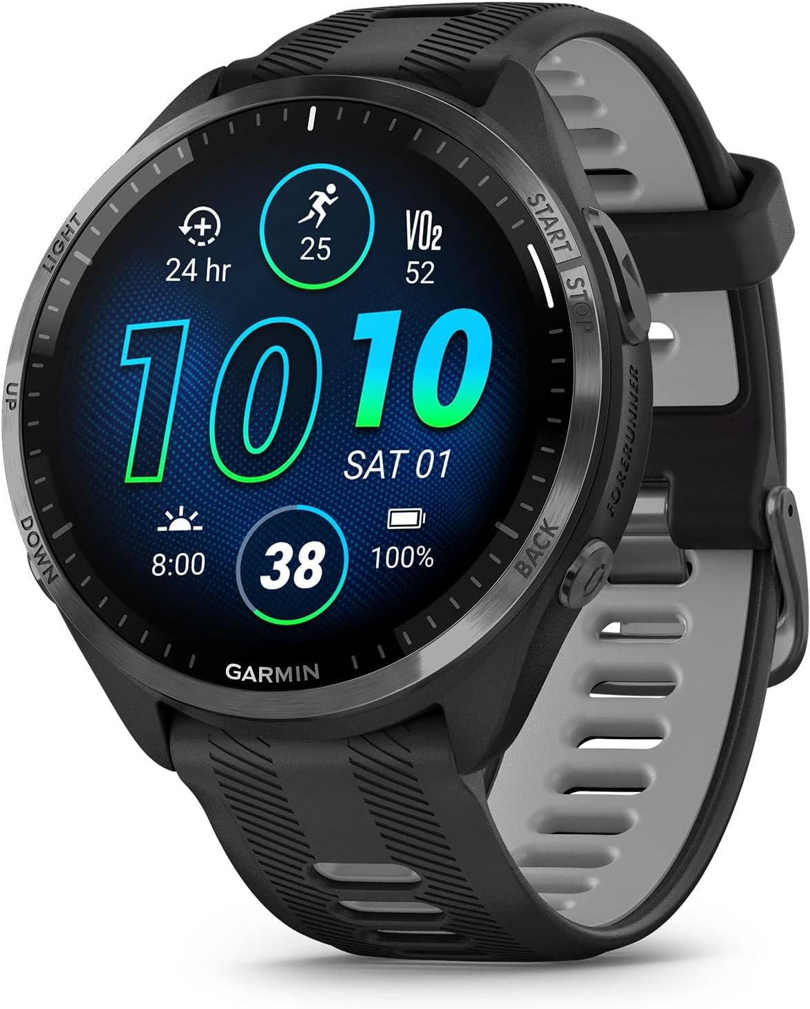 A Garmin Forerunner 965 smartwatch displaying fitness metrics and heart rate data on its vibrant screen.