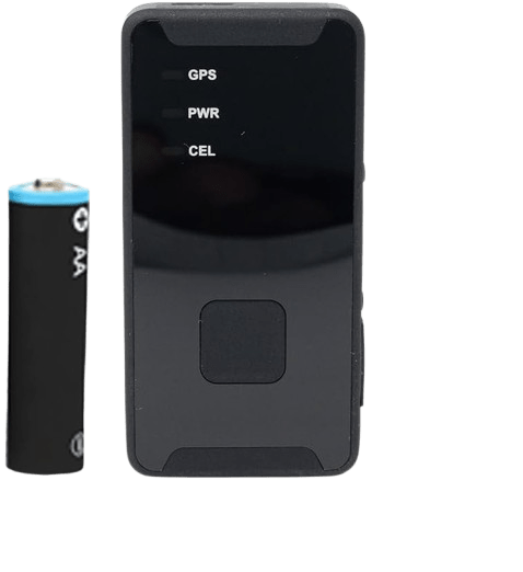 Compact black GPS car tracking device with LED indicators for GPS, power, and cellular connection next to an AA battery for size reference.