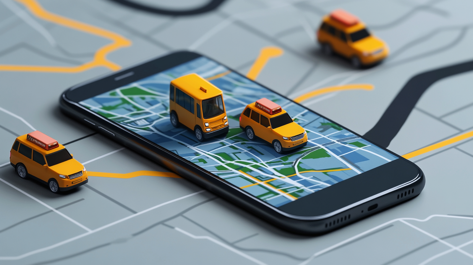 Toy taxis on a map displayed on a smartphone screen, illustrating navigation or ride-sharing technology.